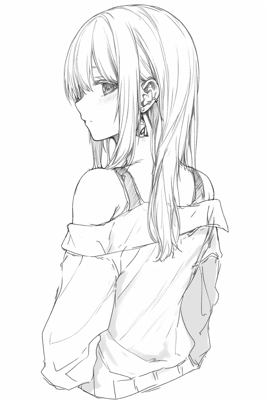 後ろ姿の女の子とイヤーカフ｜【基本構造】髪を耳にかけ、複数のピアスを見せながら肩越しに振り返る姿。片方の肩を落としたシャツと細い紐のインナーが印象的です。<br>【演出の方向性】露出のバランスと鋭い横顔が大人びた雰囲気を漂わせ、アクセサリーが個性を強調しています。クールさと儚さが同居した印象です。<br>
