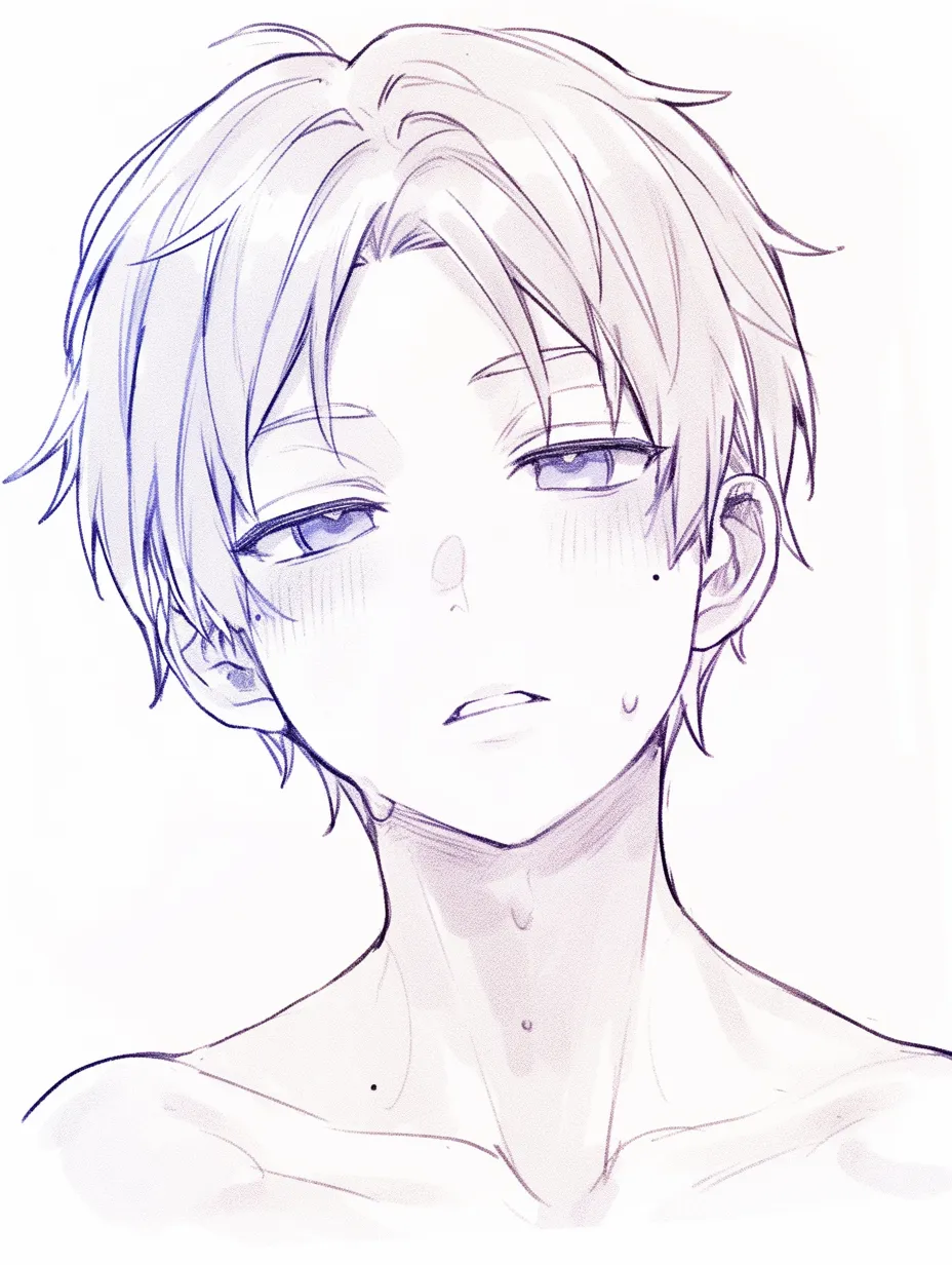 キスの余情｜【基本構造】正面アップで男性を中心に据え、口元をわずかに開いた描き方を採用しています。<br>【演出の方向性】汗と半開きの瞳を組み合わせ、キスの後に残る熱と余情を強くにじませています。<br>