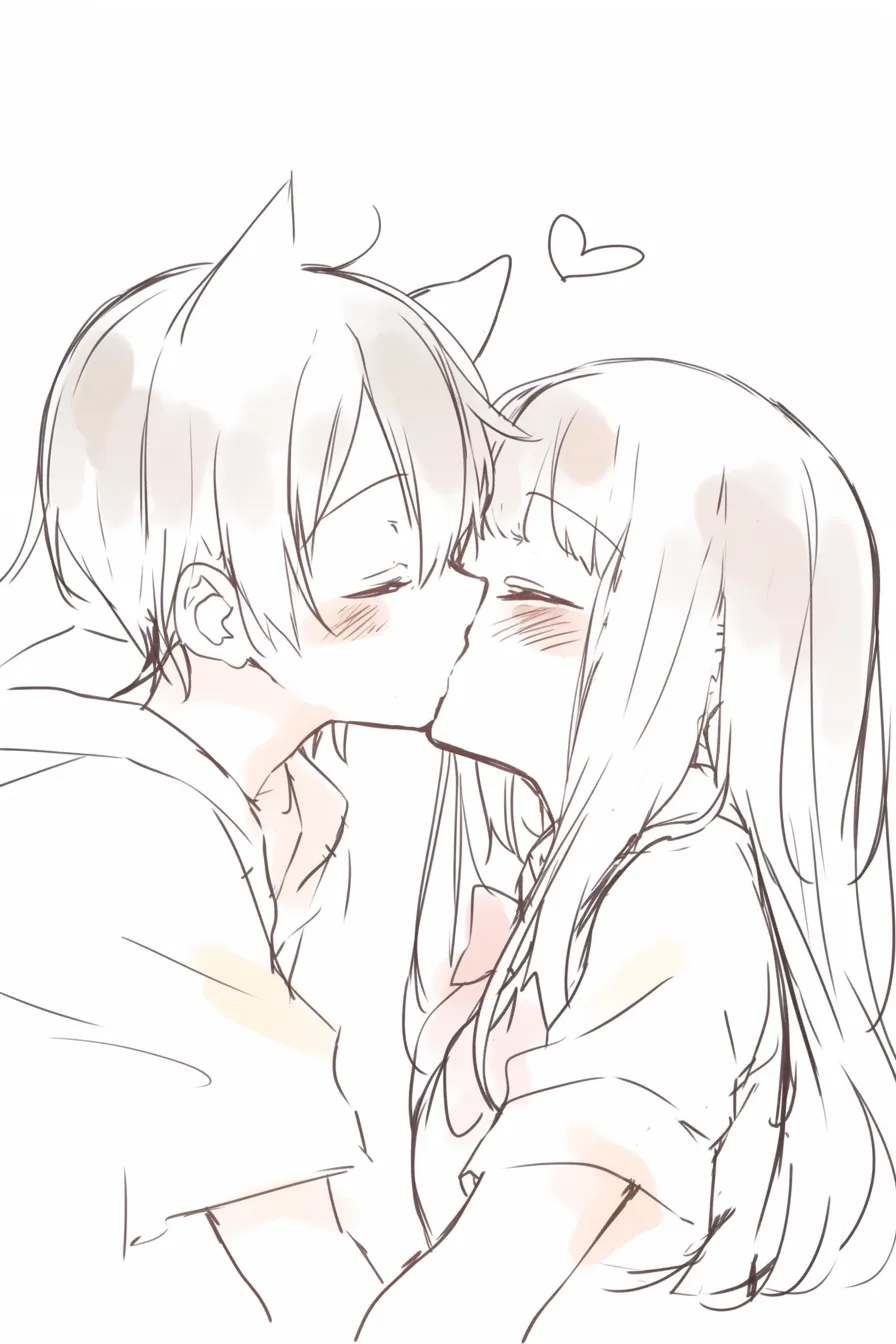 かわいいキスの甘さ｜【基本構造】正面で抱き寄せるような構図を描き方に採り入れ、唇を軽く合わせています。<br>【演出の方向性】小さなハートを添え、穏やかな赤面を加えることで、ほんのり甘い愛情をやさしく演出しています。<br>
