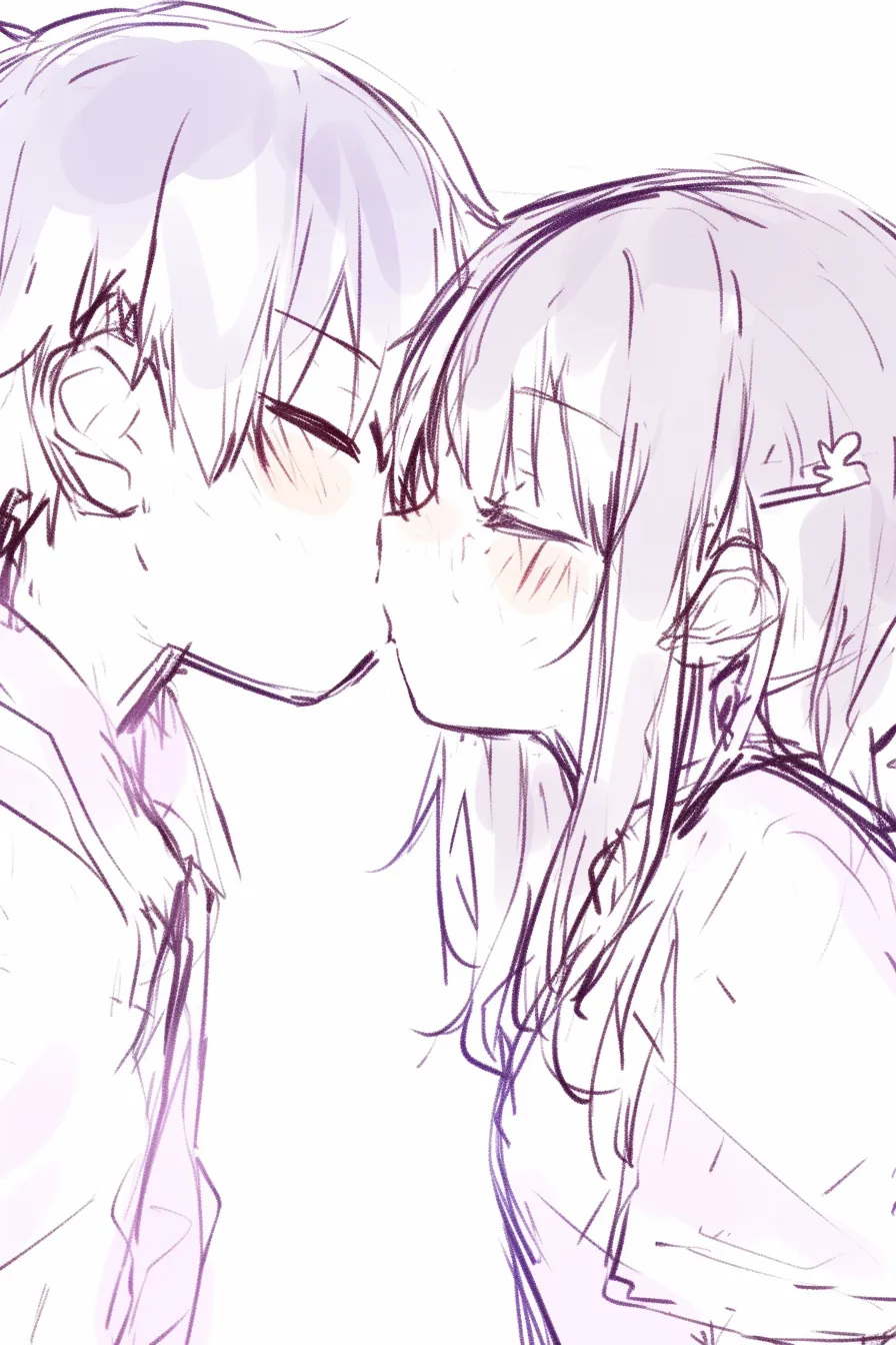 かわいいキスの無邪気さ｜【基本構造】シンプルな横顔同士を正面から配置し、髪や衣服をラフに描き方で整えています。<br>【演出の方向性】頬をほのかに染め、軽やかなタッチで仕上げることで、無邪気で自然なかわいいキスを表現しています。<br>