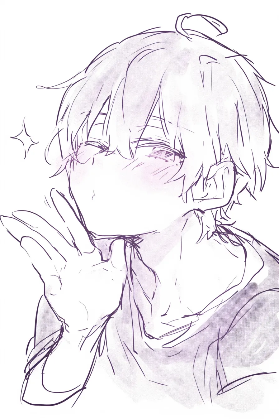 かわいいキスの仕草｜【基本構造】片手を前に伸ばし、唇をとがらせるポーズを描き方で整理しています。<br>【演出の方向性】柔らかな線で赤面を重ね、ちょっとしたおふざけ感を漂わせることで、茶目っ気あるかわいいキスを印象づけています。<br>