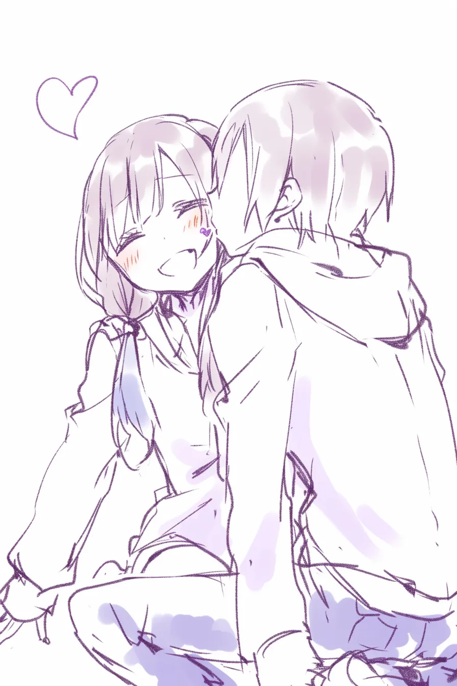 かわいいキスの頬寄せ｜【基本構造】男女を並べて座らせ、頬にキスを寄せる姿を描き方にまとめています。<br>【演出の方向性】笑顔やハートを添えることで、カジュアルでほのぼのとしたかわいい愛情表現を強調しています。<br>