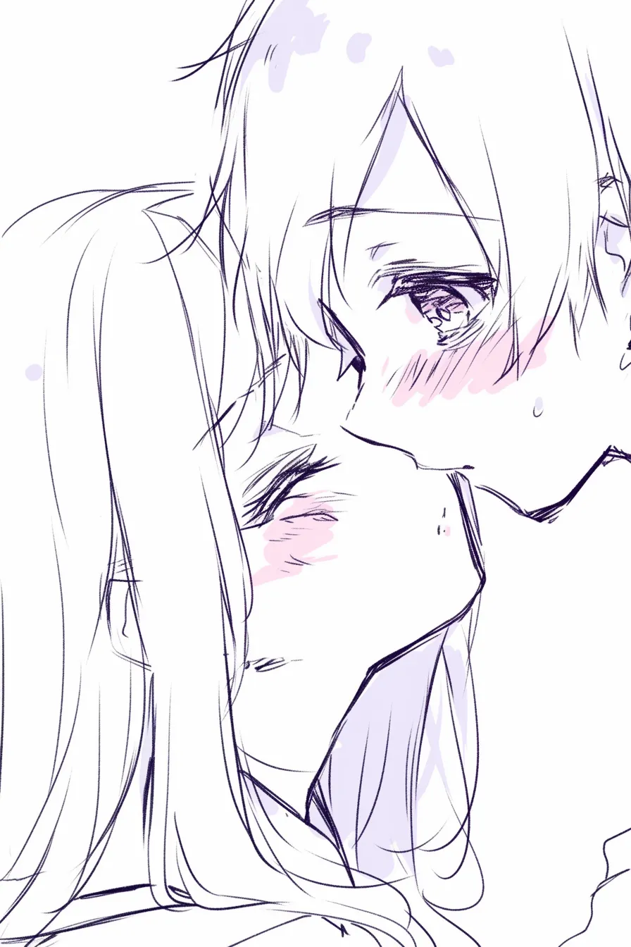 かわいいキスの見つめ合い｜【基本構造】少女を仰ぐように見上げ、至近距離で口づけを交わす描き方を採用しています。<br>【演出の方向性】互いの赤面と潤んだ瞳を強調し、かわいらしい切なさと親密感を両立させています。<br>