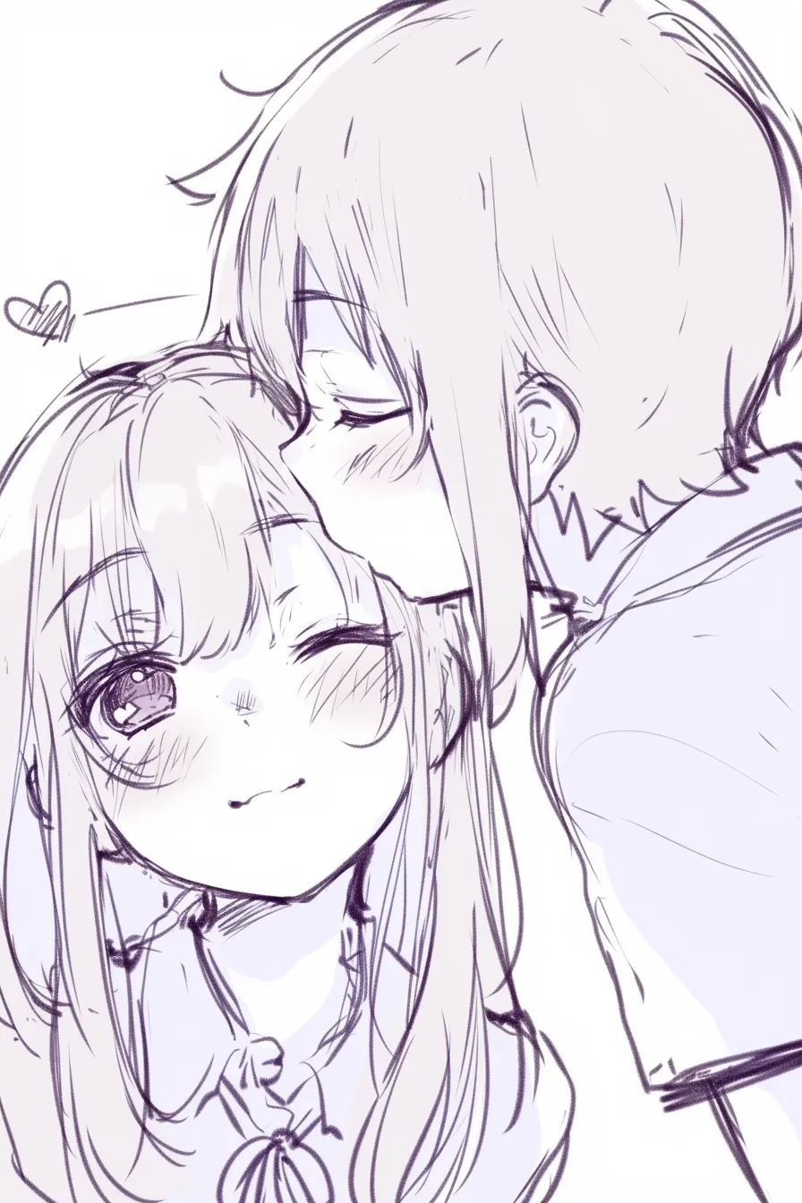 かわいいキスのおでこ｜【基本構造】少女の額に口づけする構図を描き方に加え、二人のバストアップを収めています。<br>【演出の方向性】片方のウィンクや優しい赤面を添えることで、守りたくなるようなかわいらしいおでこキスを表現しています。<br>