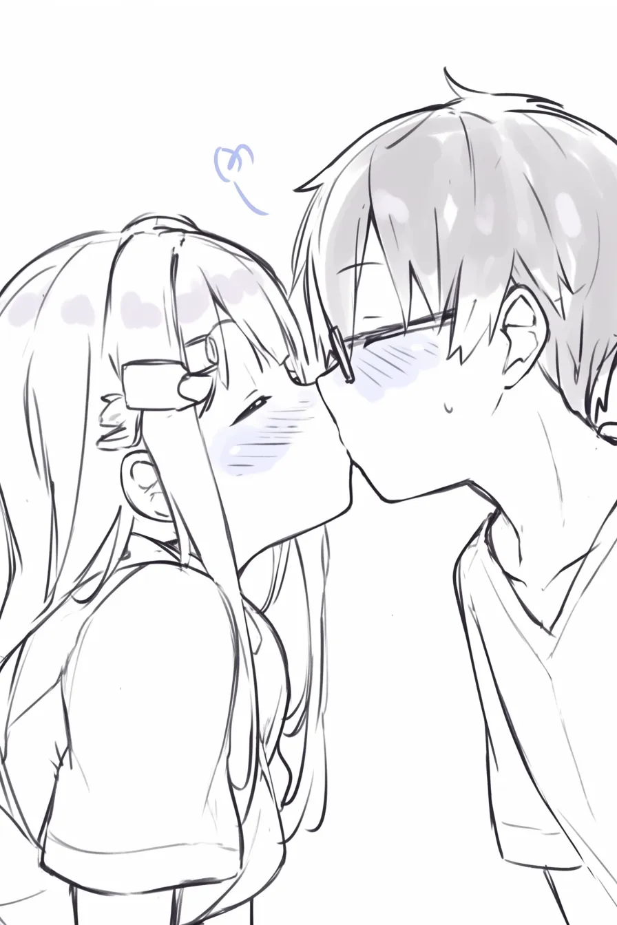かわいいキスのぎこちなさ｜【基本構造】正面から二人を対称に近づけ、唇が触れる瞬間を描き方で切り取っています。<br>【演出の方向性】汗やこわばった肩を描き込むことで、不器用で照れ隠しできないかわいらしさを表しています。<br>