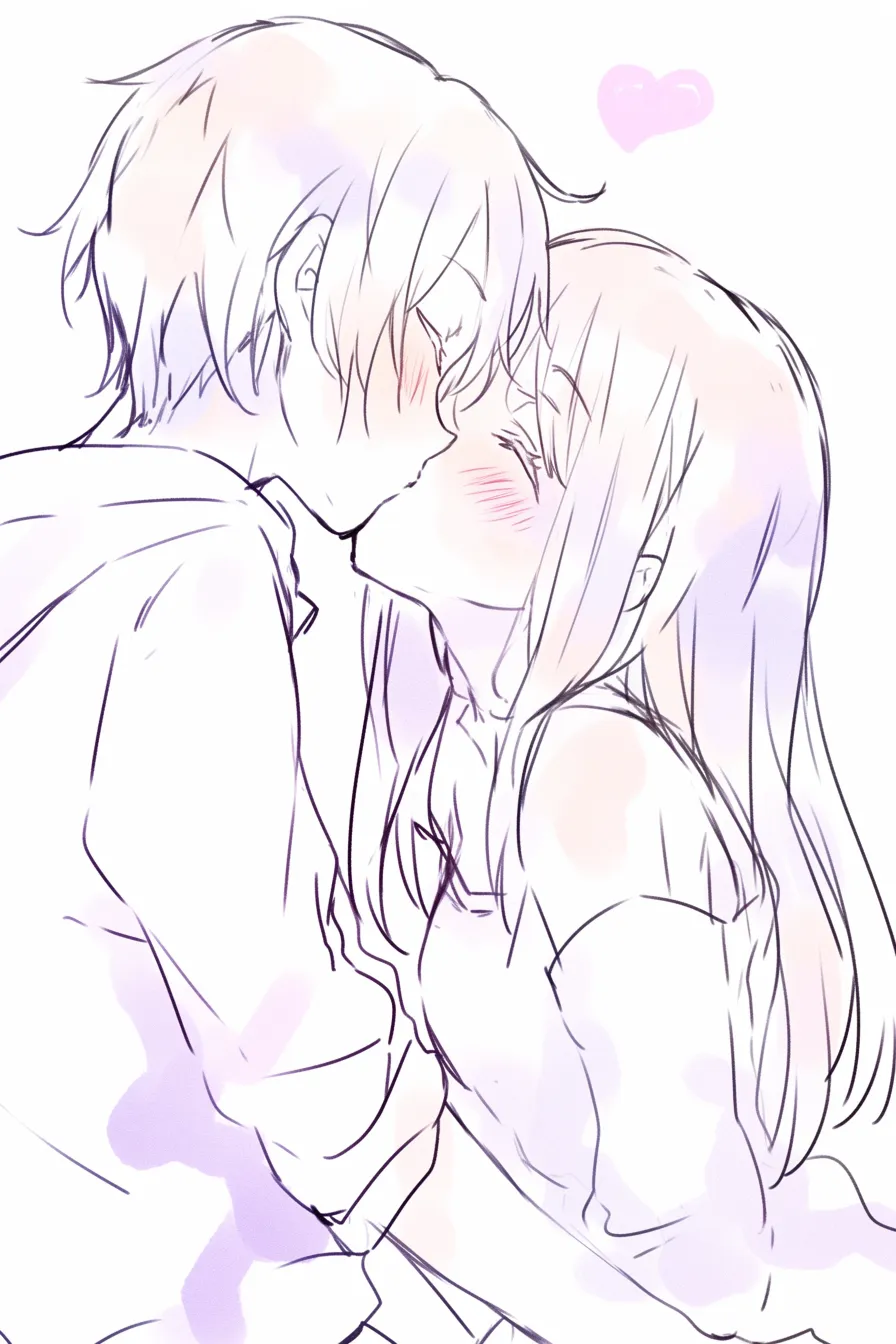 かわいいキスの甘さ｜【基本構造】横顔同士を寄せ、互いの体を抱き寄せた描き方にしています。<br>【演出の方向性】頬の赤みとハートマークを添えることで、無邪気で素直なかわいい愛情表現を強調しています。<br>