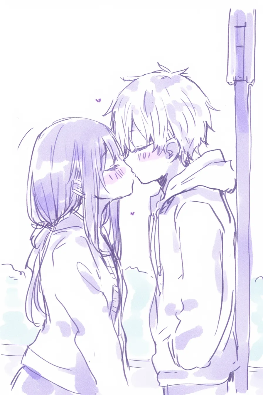 かわいいキスの待ち合わせ｜【基本構造】屋外で向かい合う二人を描き方に採り入れ、背景に小物を加えています。<br>【演出の方向性】街中の雰囲気と小さなハートを組み合わせ、日常に溶け込むかわいいキスを印象づけています。<br>