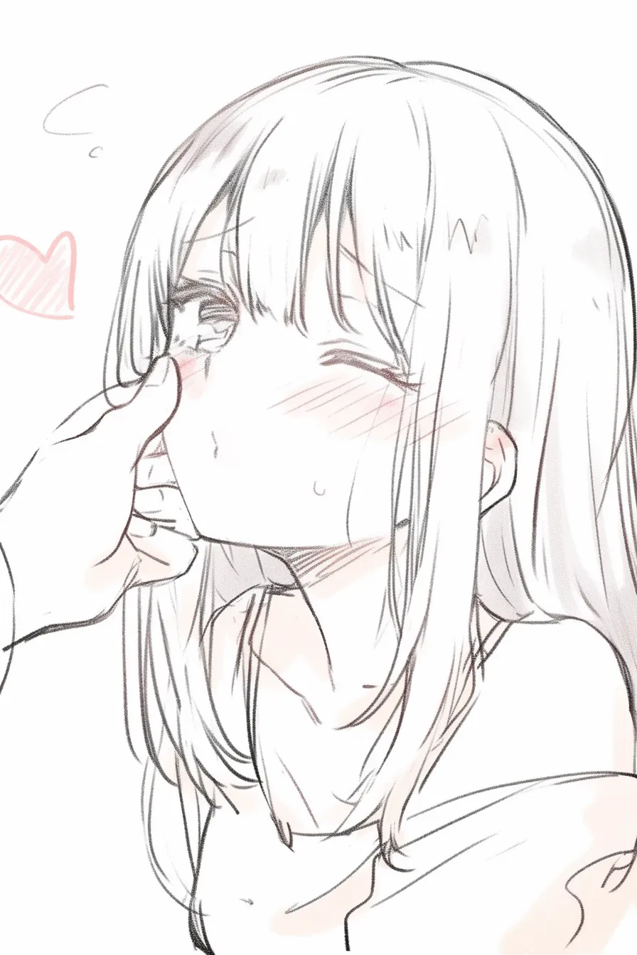 かわいいキスのいたずら｜【基本構造】少女の鼻を指で押さえ、視線を下に誘導する描き方を採用しています。<br>【演出の方向性】赤面と照れ笑いを添えることで、キスをめぐるちょっとしたおふざけのかわいらしさを演出しています。<br>