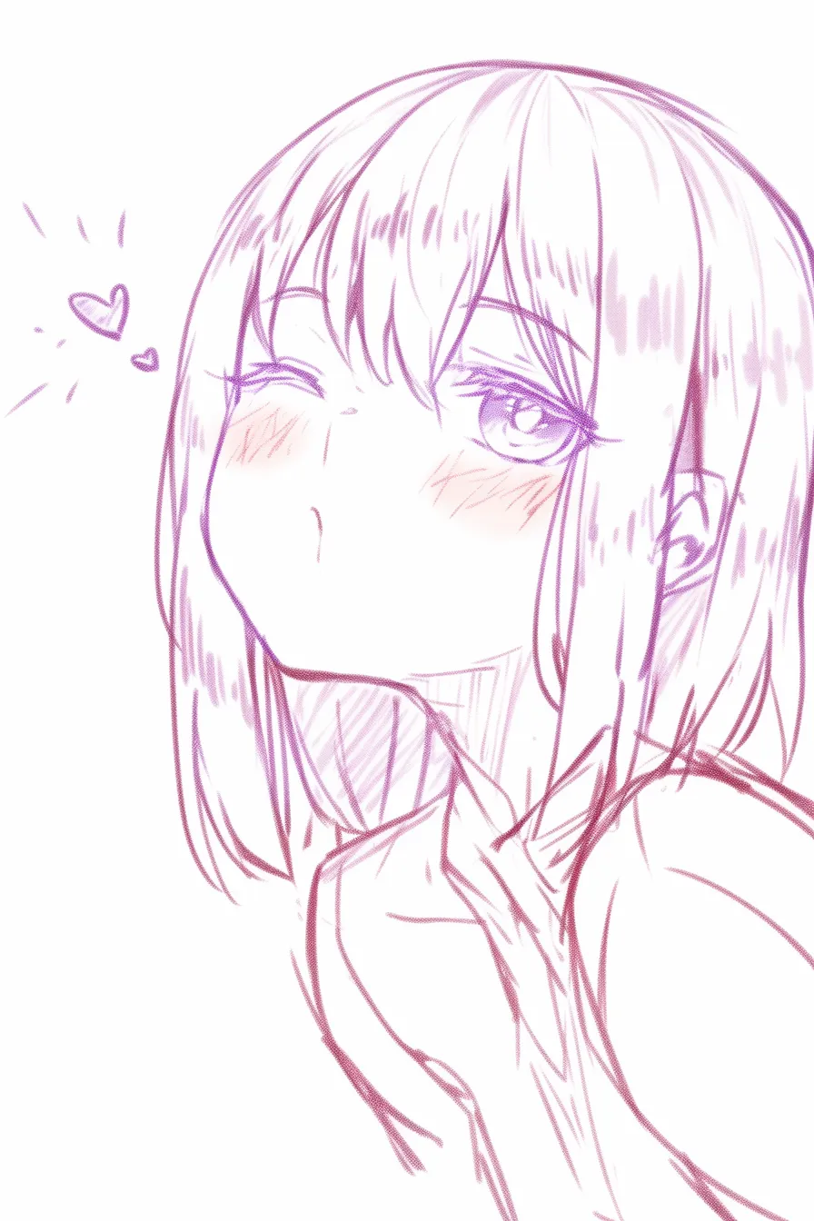 かわいいキスのおねだり｜【基本構造】少女が唇を突き出し、やや上目遣いで相手を見るポーズを描き方で整理しています。<br>【演出の方向性】頬の赤みや小さなハートを添え、無邪気に甘えるようなかわいいおねだり感を表しています。<br>