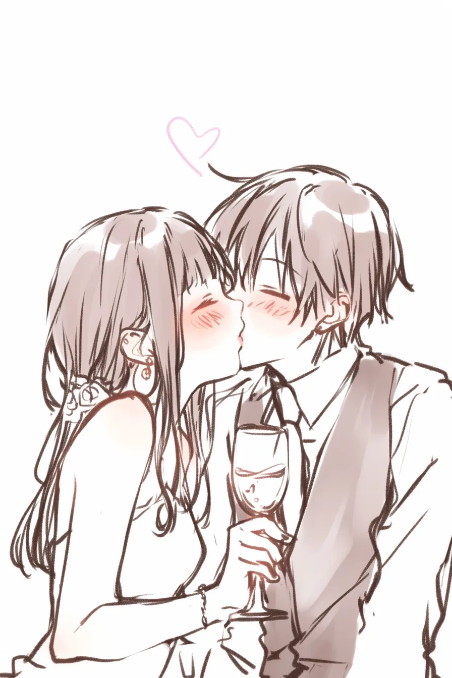 おしゃれキスのワイングラス｜【基本構造】寄り添う二人が正面から唇を重ねる描き方で、女性の手元にワイングラスを配置し、全体をシンプルにまとめています。<br>【演出の方向性】お酒の小道具が加わることで、夜の特別感や洗練された雰囲気が高まり、情熱とおしゃれさが融合した表現になります。<br>