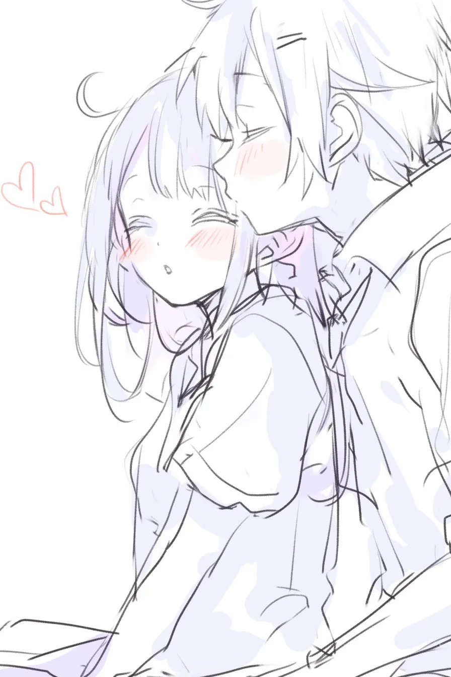 おしゃれキスの額寄せ｜【基本構造】男性が女性の額に口づける描き方で、横顔を重ねる構図と肩を寄せる仕草が柔らかさを強調しています。<br>【演出の方向性】瞳を閉じた安らぎの表情と淡い色合いで、温かく穏やかな雰囲気を作り、ナチュラルなおしゃれ感を漂わせます。<br>