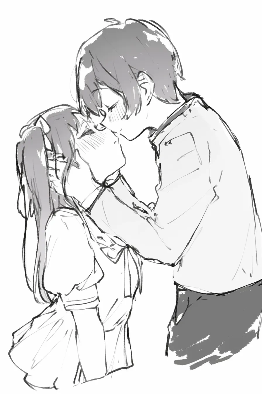 おしゃれキスの身を屈める姿｜【基本構造】背の高い男性が腰を屈め、女性に口づけする描き方で、上下差を活かした構図になっています。<br>【演出の方向性】頭を支える優しい仕草が、守られている雰囲気を演出し、柔らかくおしゃれな安心感を与えます。<br>