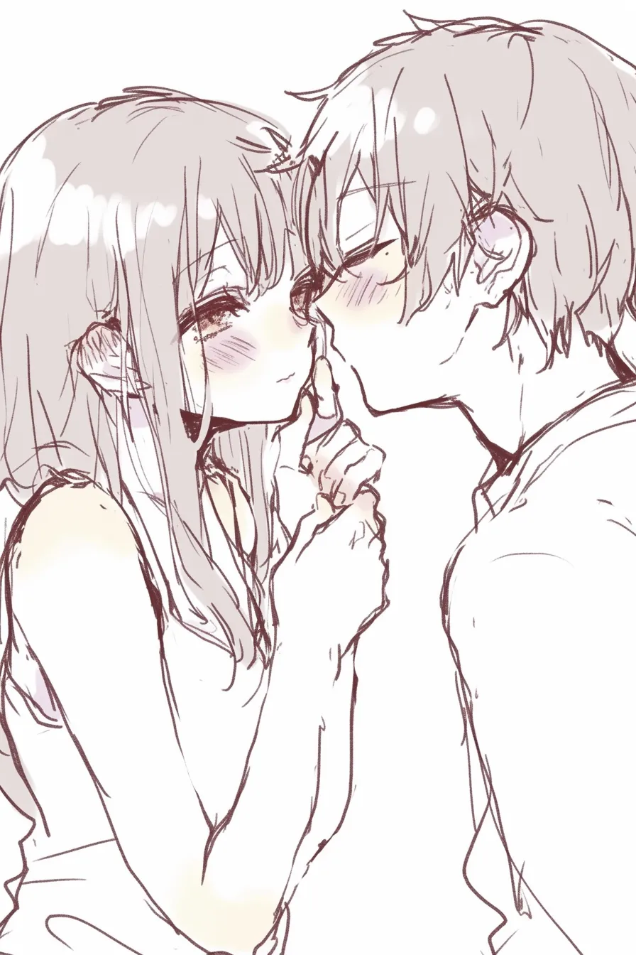 おしゃれキスの制止ポーズ｜【基本構造】女性が指を男性の唇にあて、顔を寄せ合う描き方で、距離感の緊張を前面に出しています。<br>【演出の方向性】軽やかな制止の仕草が小悪魔的な印象を生み、甘さとおしゃれな遊び心を兼ね備えた表現になります。<br>