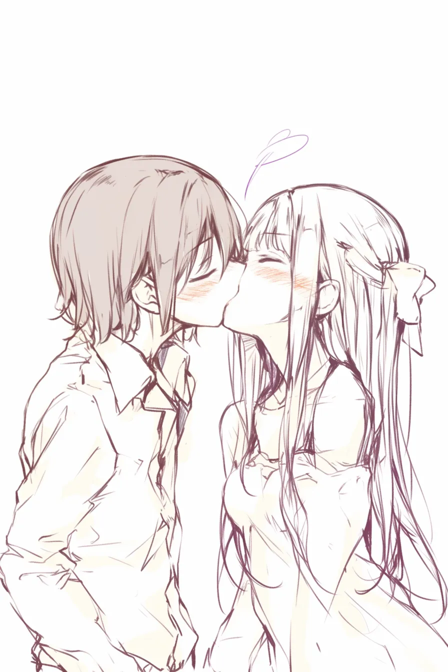おしゃれキスの背伸び｜【基本構造】女性が背伸びして男性に唇を重ねる描き方で、髪飾りや衣装が構図を華やかにしています。<br>【演出の方向性】リボンや服の流れが可憐さを際立たせ、努力して届く仕草が愛らしさとおしゃれな雰囲気を両立させています。<br>