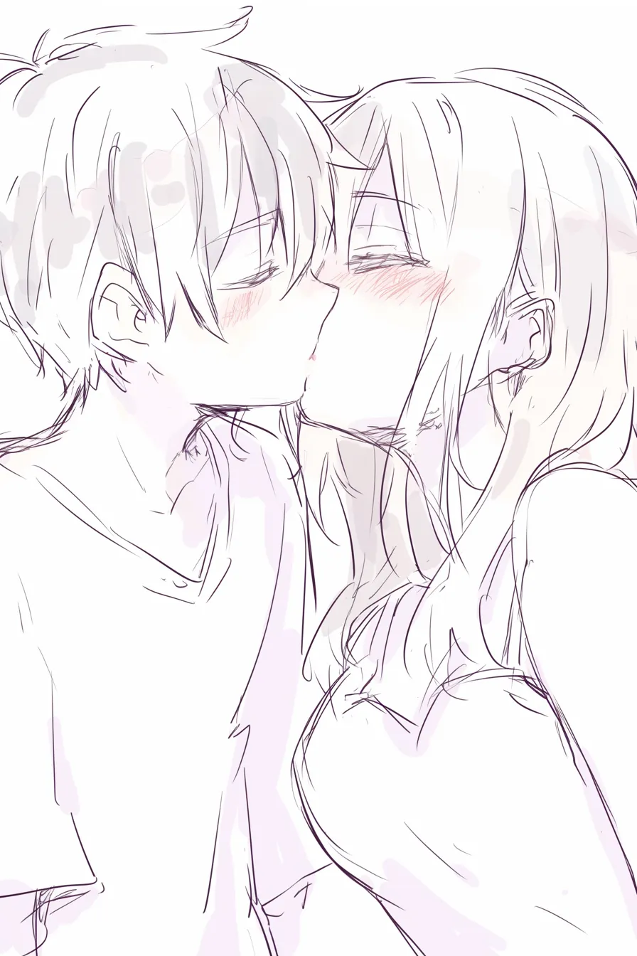 おしゃれキスのカジュアル服｜【基本構造】男女がラフな服装で正面から唇を重ねる描き方で、シンプルなシルエットにまとめています。<br>【演出の方向性】飾り気のない服装と赤らむ表情が、自然体で親しみやすいおしゃれ感を演出しています。<br>