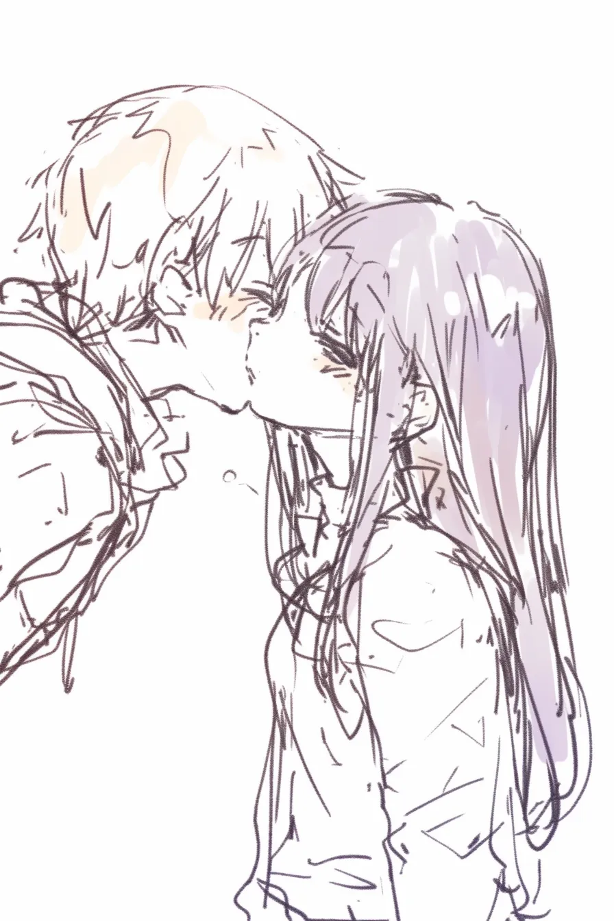 おしゃれキスの軽い前傾｜【基本構造】男性が体を前に傾けて女性に口づけする描き方で、肩越しの角度を意識した構図です。<br>【演出の方向性】軽やかな筆致と控えめな紅潮が、日常の延長線上にあるようなさりげないおしゃれさを引き立てています。<br>