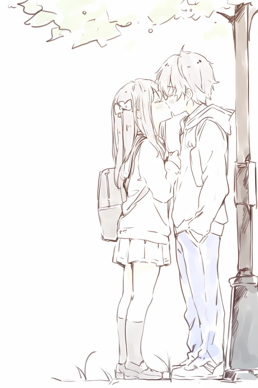 おしゃれキスの街灯下｜【基本構造】制服姿の二人が街灯の下で唇を重ねる描き方で、背伸びをした女性と軽く前傾する男性が直線的に並んでいます。<br>【演出の方向性】街灯や木漏れ日を背景に加えることで、日常の一場面を特別に切り取ったような、おしゃれで映画的な雰囲気を漂わせます。<br>