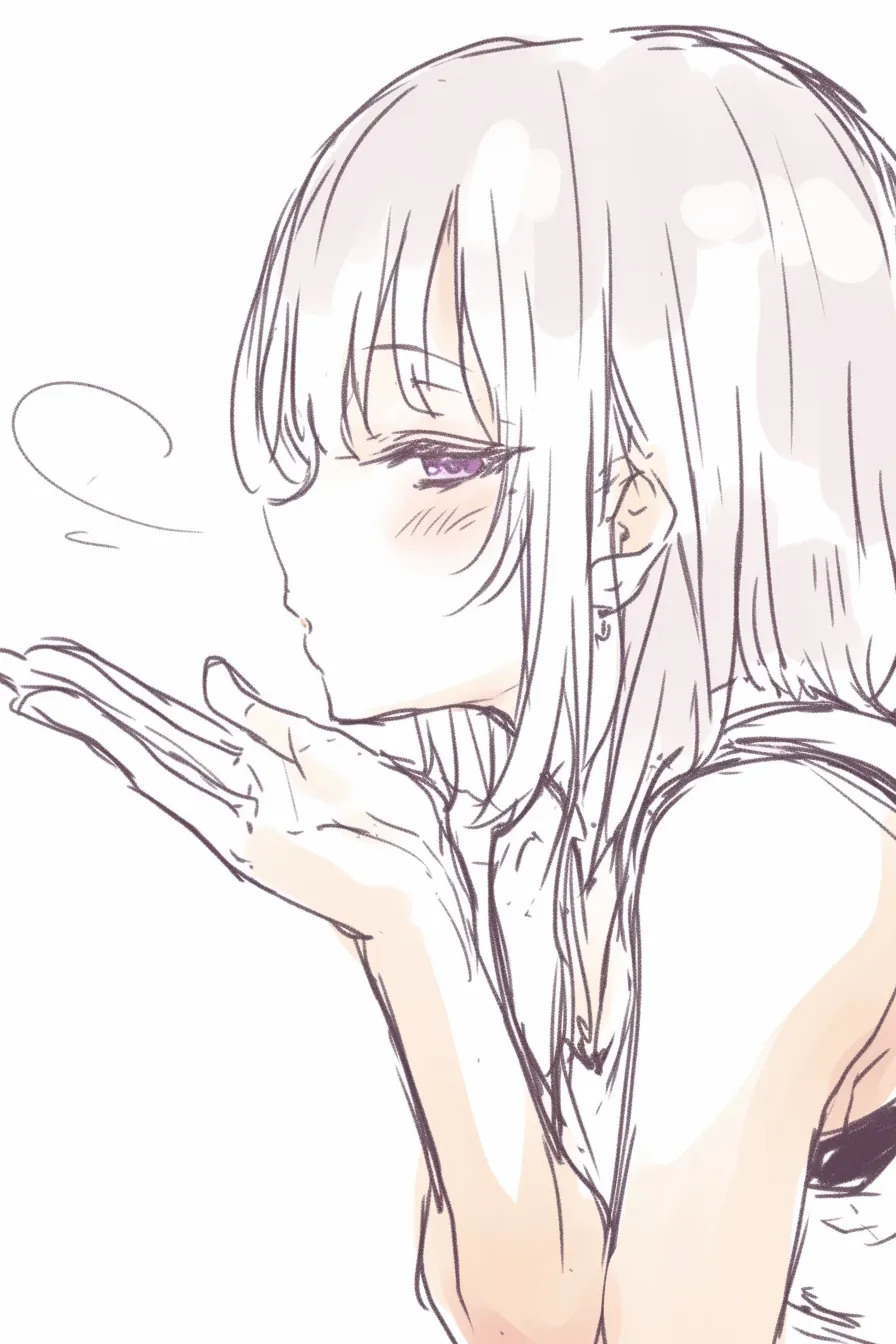 おしゃれキスの投げキッス｜【基本構造】女性が手のひらに口づけを乗せて投げる描き方で、横顔のラインと指先の伸びやかさが印象的です。<br>【演出の方向性】流れるような仕草と視線の艶やかさが加わり、直接的な接触ではなく洗練されたおしゃれさを感じさせる表現になります。<br>