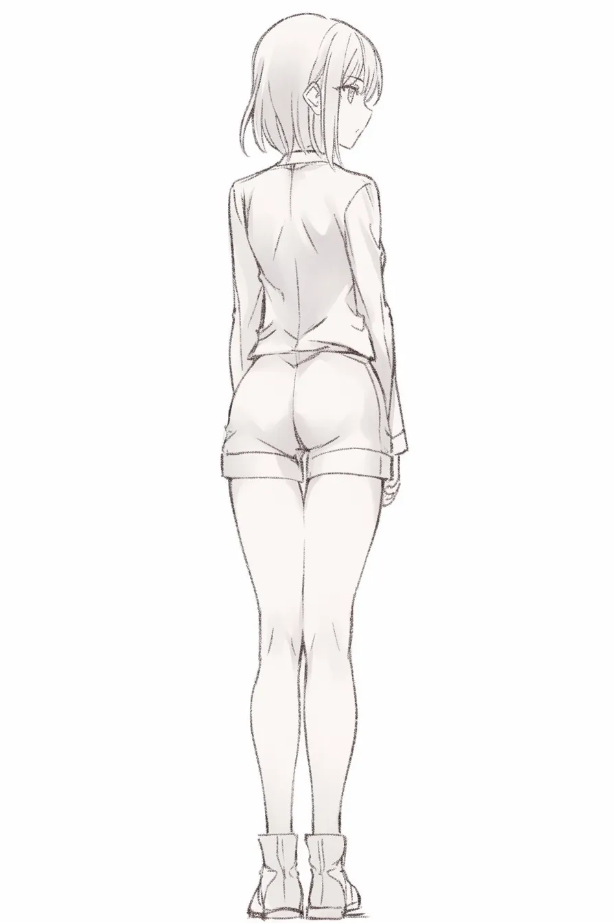 後ろ姿の女の子のショートパンツ｜【基本構造】シンプルなトップスにショートパンツを合わせ、真っ直ぐ立ちながら横を振り返る構図。髪は肩の長さで軽やかに揺れています。<br>【演出の方向性】余計な装飾を避けたシルエットが清潔感を与え、視線だけで存在感を放ちます。カジュアルで素直な雰囲気を醸しています。<br>