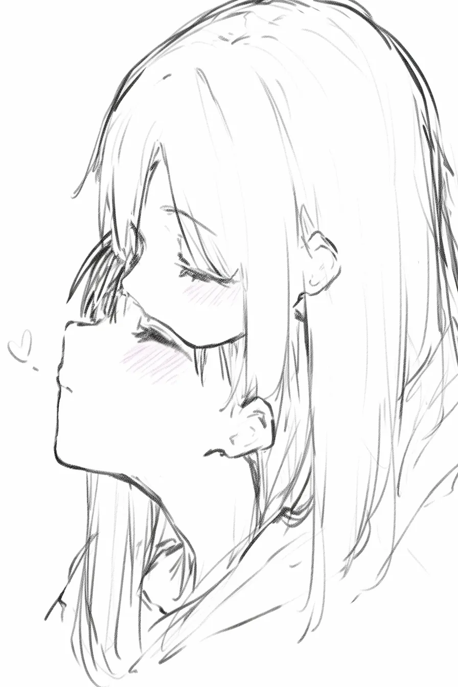 おしゃれキスの額寄せ｜【基本構造】二人が正面から近づき、額を重ね合わせる描き方で、瞳を閉じた横顔のラインが柔らかく交差しています。<br>【演出の方向性】軽く触れるだけの仕草に抑えることで、密やかな親密感とシンプルなおしゃれさが引き立ちます。<br>