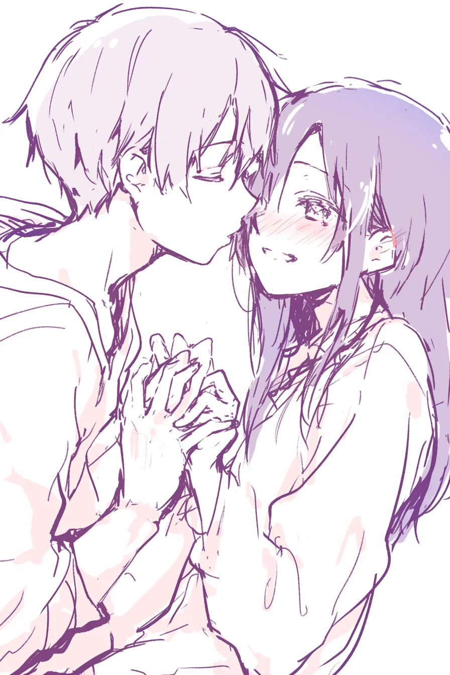 おしゃれキスの手つなぎ｜【基本構造】恋人同士が指を絡め合いながら、男性が女性の額へ口づけする描き方で、両手が中心に強調されています。<br>【演出の方向性】視線を交わさずとも手の温度で想いを伝える演出が、優雅でおしゃれな親密感を高めています。<br>