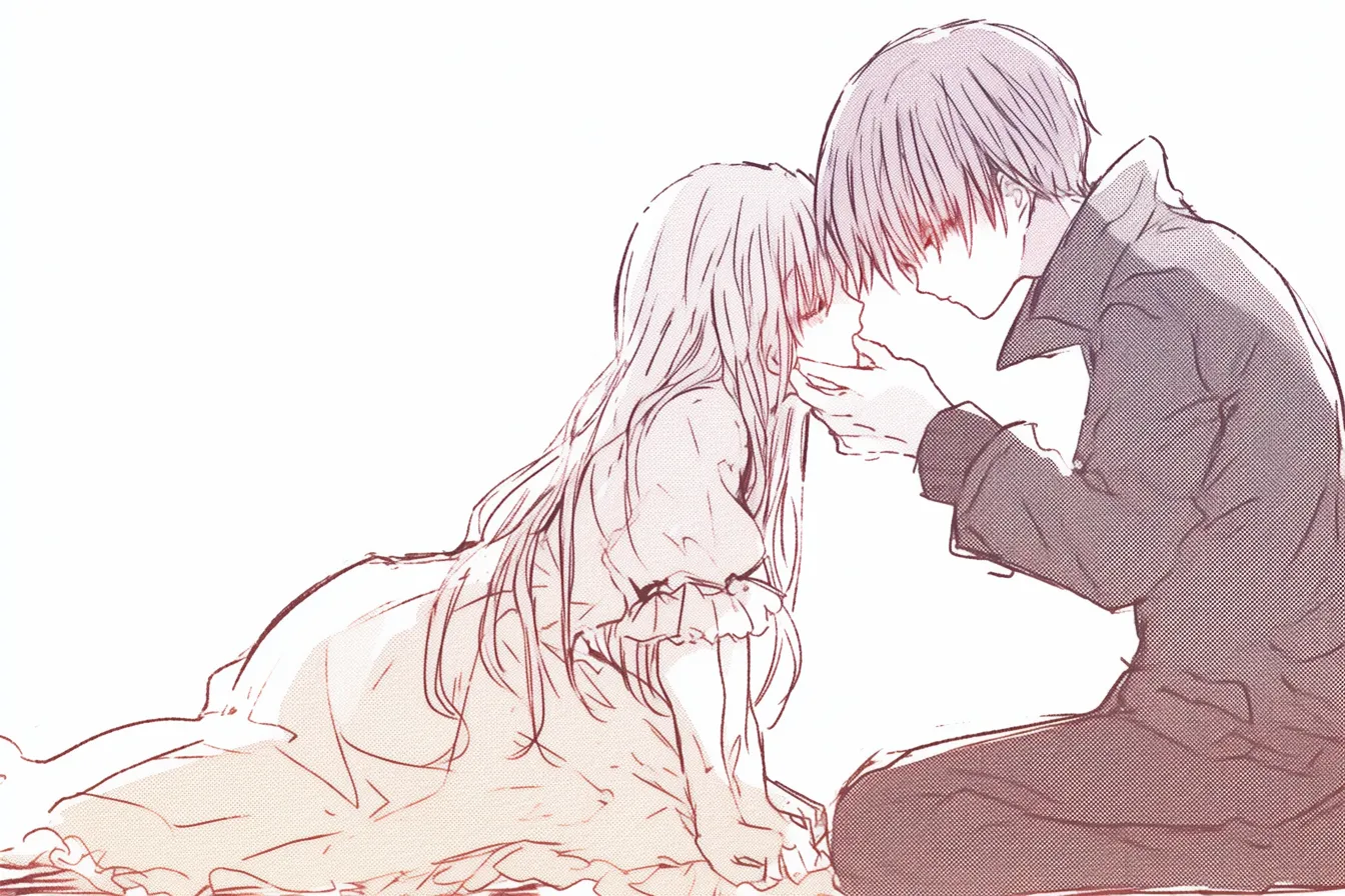 おしゃれキスの床座り｜【基本構造】床に座った二人が向かい合い、男性が女性の顎を支えて口づけする描き方で、長い髪や衣服の流れが画面を満たしています。<br>【演出の方向性】落ち着いたトーンとクラシカルな衣装が重なり、静謐で大人びたおしゃれな雰囲気を演出しています。<br>