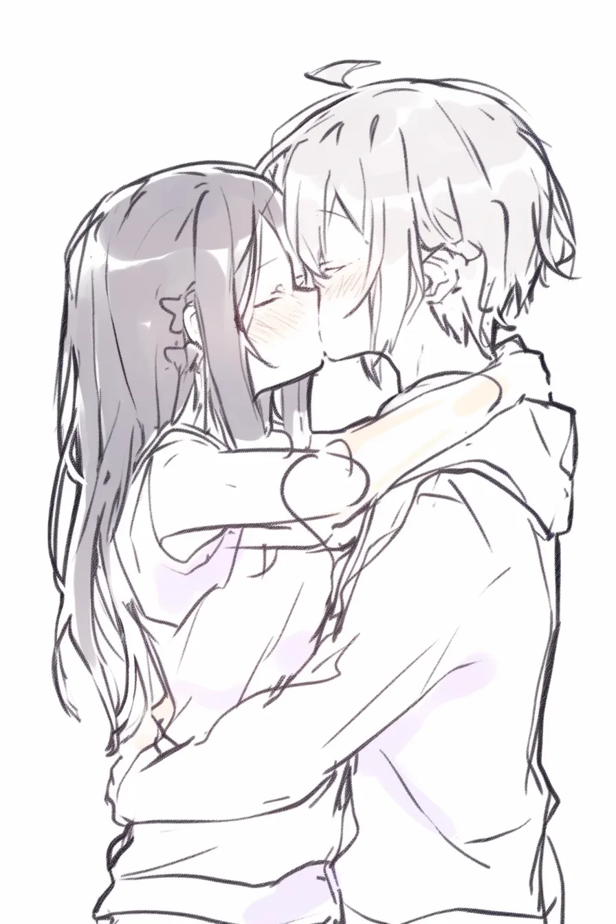 キスハグの腕回し｜【基本構造】女性が男性の首に腕を回しながらキスする描き方で、背中を引き寄せる動きが中心です。<br>【演出の方向性】積極性を感じさせる抱き方が、情熱的でおしゃれな親密さを演出します。<br>