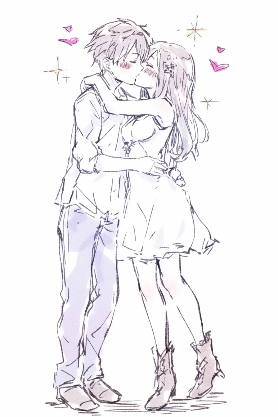 キスハグの全身描写｜【基本構造】全身をフルに描き、男女が立ち姿で抱き合いながら唇を重ねる描き方です。<br>【演出の方向性】衣装の華やかさと小物の煌めきが舞台的に映え、祝福のようなおしゃれな雰囲気を生みます。<br>