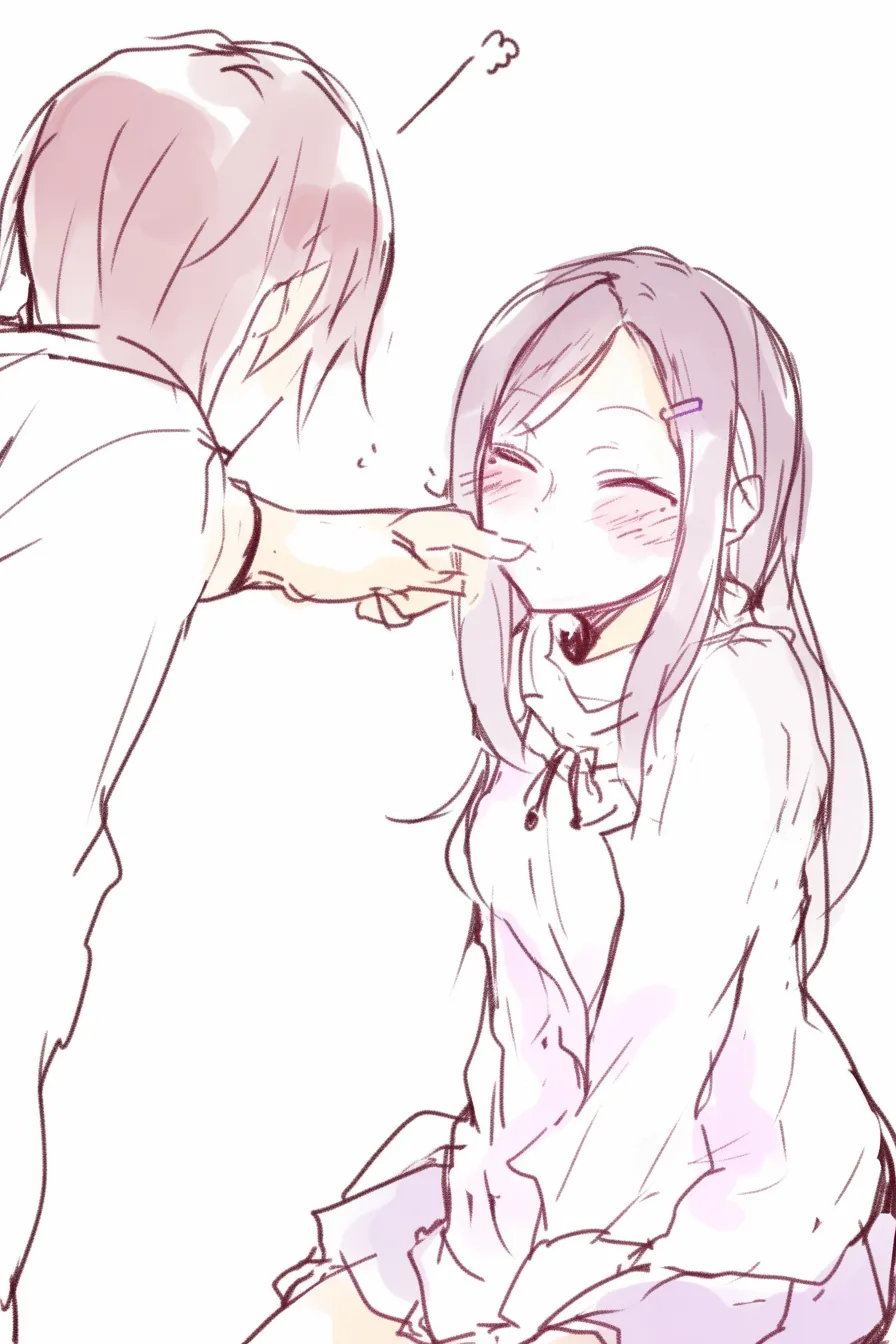 手にキスのいたずら｜【基本構造】男性が腰をかがめて女性の指先に口づけする描き方で、女性は椅子に座って頬を赤らめています。<br>【演出の方向性】指先への軽いキスを茶化すように表現し、恥ずかしさと甘酸っぱさが混じるお茶目なおしゃれ感を演出しています。<br>