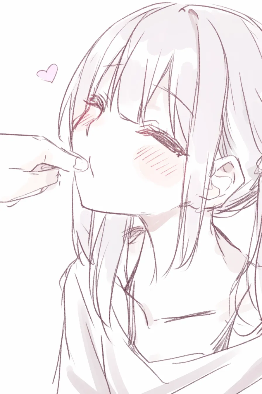 手にキスの横顔｜【基本構造】女性が目を閉じ、差し出された指にキスを受ける描き方で、横顔のラインと閉じた瞼が強調されています。<br>【演出の方向性】余計な動きを抑え、シンプルな背景と柔らかい表情で「大切にされる感覚」を伝えるおしゃれな演出です。<br>
