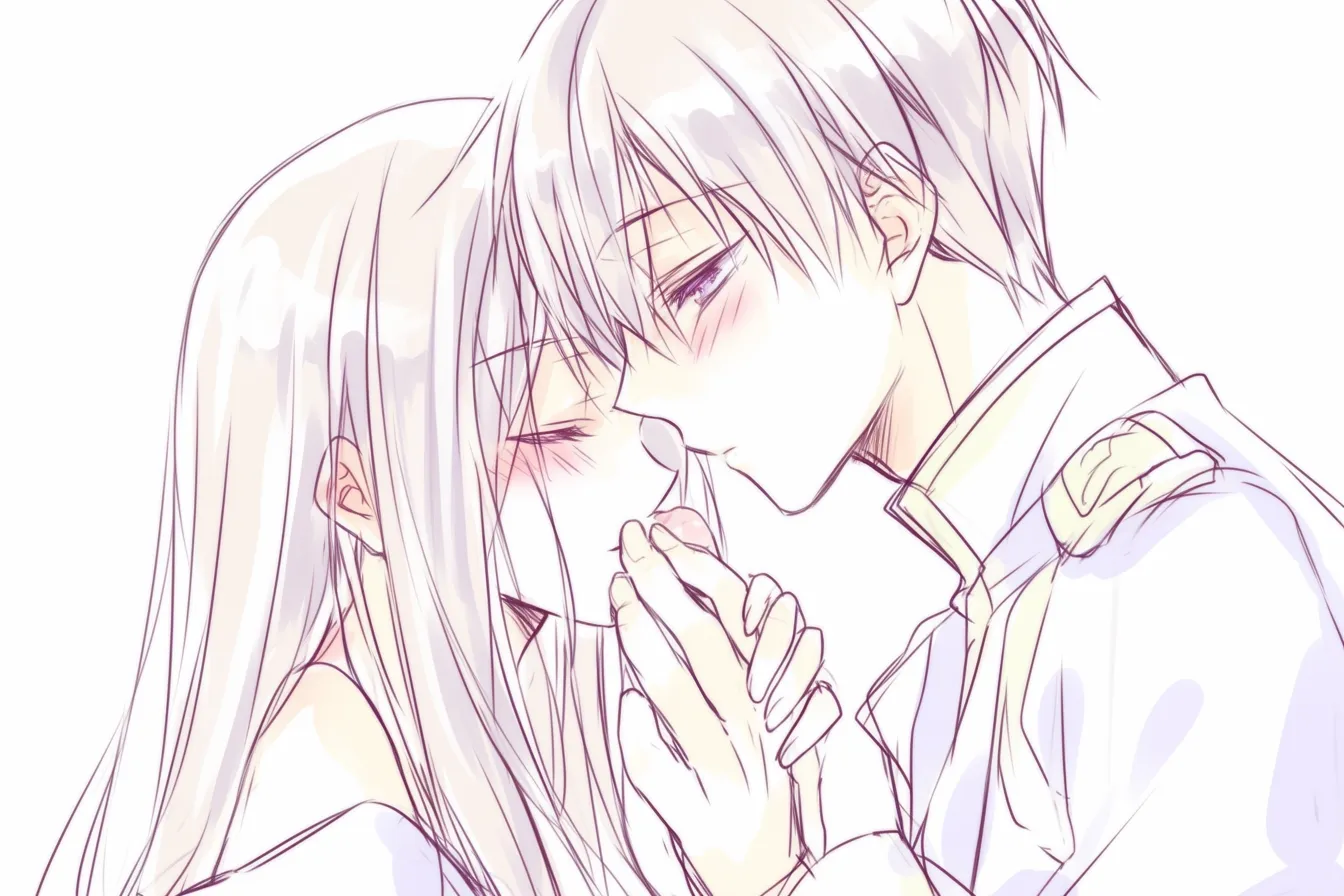 手にキスの誓い｜【基本構造】男女が手を取り合い、男性が女性の指先へ慎重に唇を寄せる描き方で、正面構図と近距離感が中心に据えられています。<br>【演出の方向性】軍服風の衣装や真剣な視線を添えることで、誓いの儀式のような荘厳さを加え、おしゃれでクラシカルな雰囲気を高めています。<br>