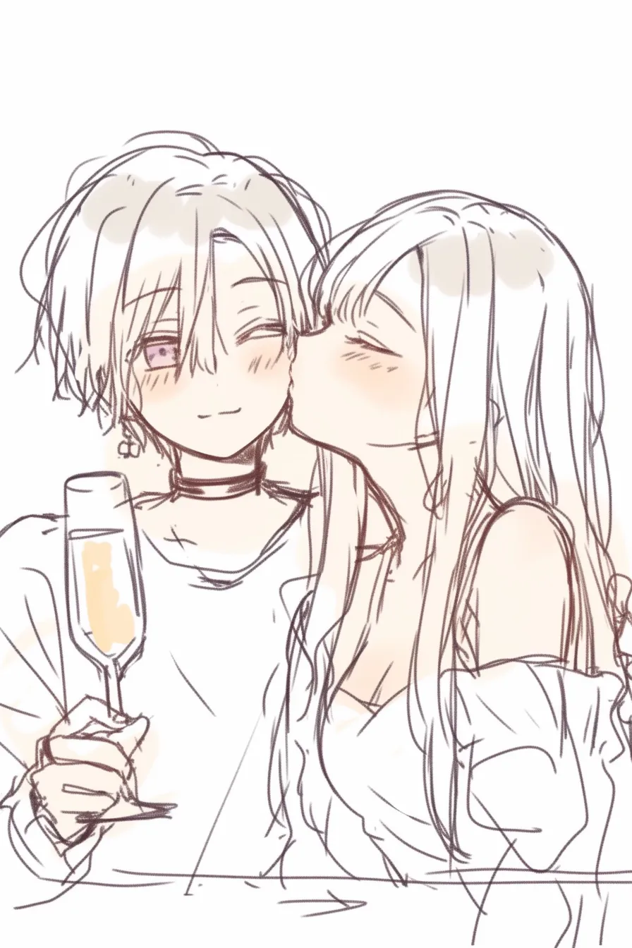 ほっぺにキスの乾杯｜【基本構造】女性が男性の頬に口づけし、男性がグラスを持ちながら微笑む描き方で、寄り添う肩のラインが強調されています。<br>【演出の方向性】グラスや衣装の華やかさが加わり、大人びたシーンを軽やかに描き、おしゃれで祝祭的な雰囲気を演出しています。<br>