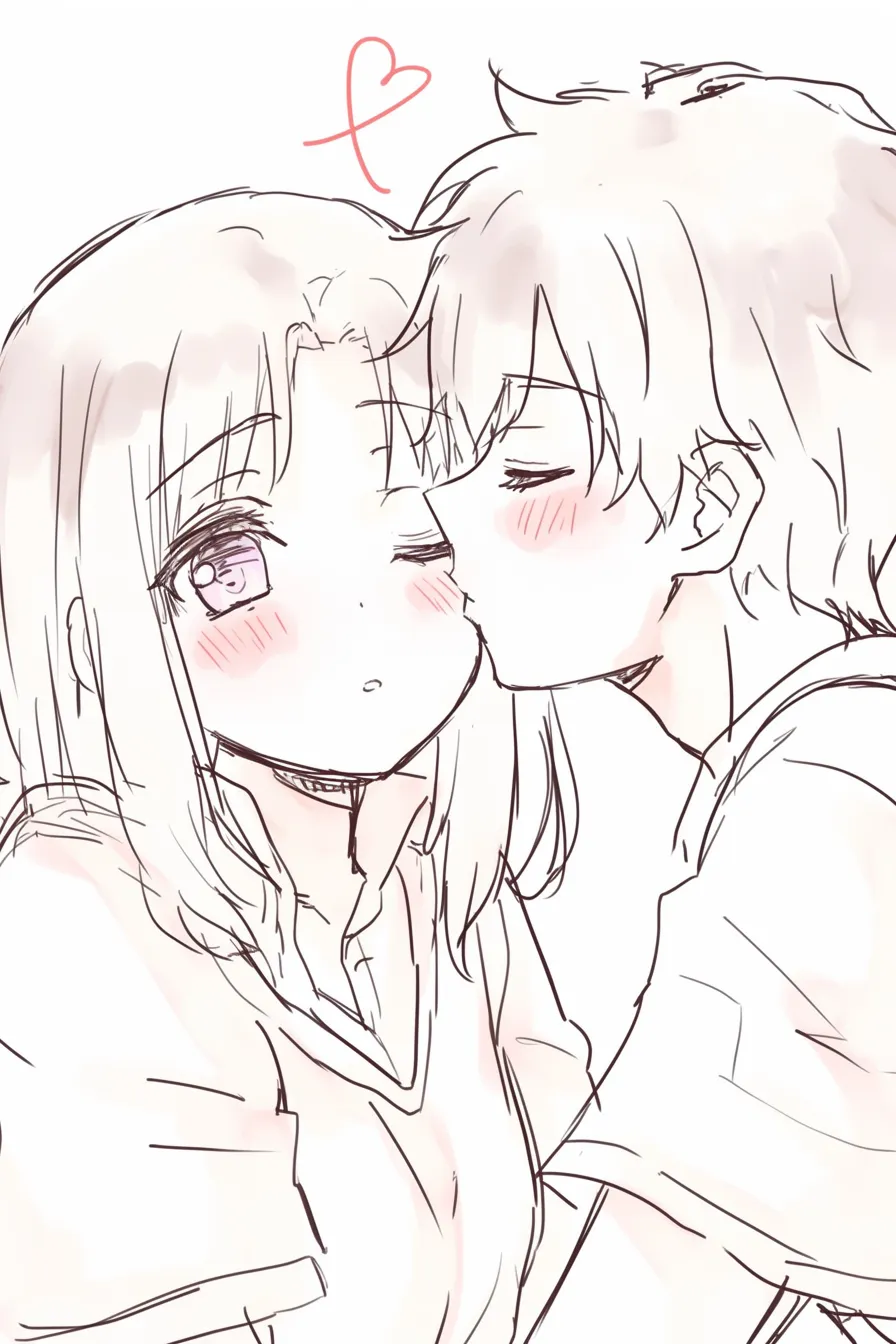 ほっぺにキスのサプライズ｜【基本構造】男性が女性の頬に突然キスする描き方で、女性は驚きの表情で目を大きく開けています。<br>【演出の方向性】ハートの記号を添えて意外性を強調し、緊張感と愛情が同時に伝わる演出になっています。<br>