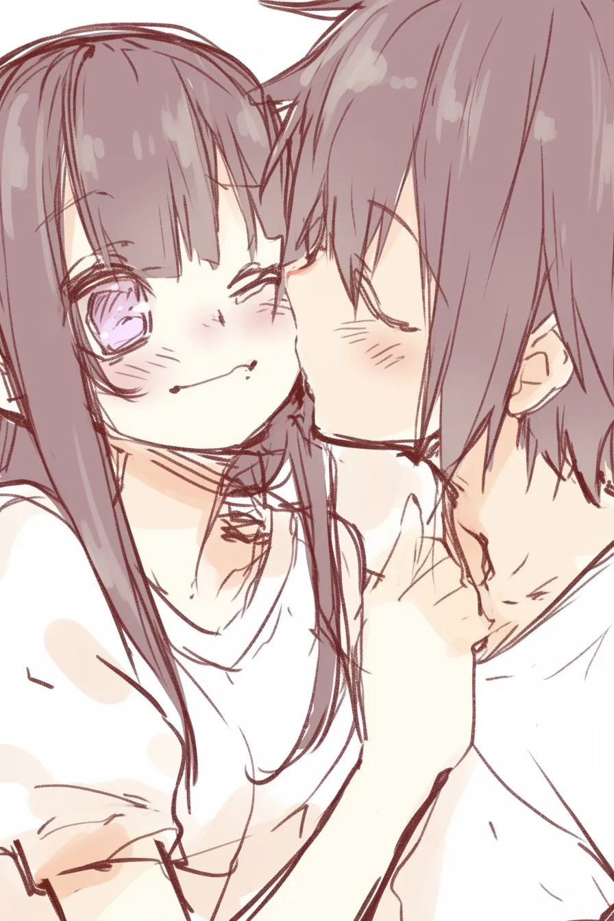 ほっぺにキスのいたずら笑顔｜【基本構造】男性が女性の頬にキスし、女性がにやりと笑顔を浮かべる描き方で、近距離の正面構図が採用されています。<br>【演出の方向性】口元の笑みや頬の赤みで茶目っ気を引き出し、ラフで親しみやすい可愛らしさを演出しています。<br>