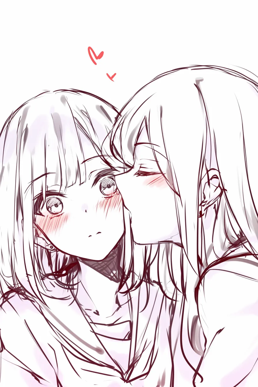 ほっぺにキスの不意打ち｜【基本構造】女性がもう一人の女性の頬にキスする描き方で、片方は目を閉じ、片方は驚いた目を見開いています。<br>【演出の方向性】意外性と緊張感を対比させ、友情や恋心の境界をあいまいにするおしゃれな表現になっています。<br>