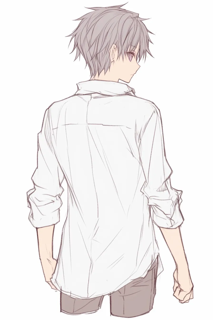 後ろ姿の男のシャツ姿｜【基本構造】白いシャツを着て両腕を自然に下ろし、軽く振り返る姿。布のシワで背中の立体感を表現しています。<br>【演出の方向性】きっちりとした服装と落ち着いた構えが誠実さや静けさを与え、柔らかな印象を引き立てています。<br>