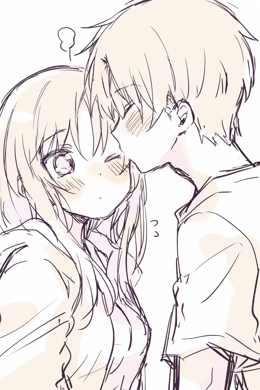 ほっぺにキスのおでこ寄せ｜【基本構造】男性が女性の頬にキスをしつつ、額も近づける描き方で、女性は驚きの瞳をこちらに向けています。<br>【演出の方向性】視線の強調と額の距離感で、照れと親密さを同時に描き、柔らかな緊張感を演出しています。<br>
