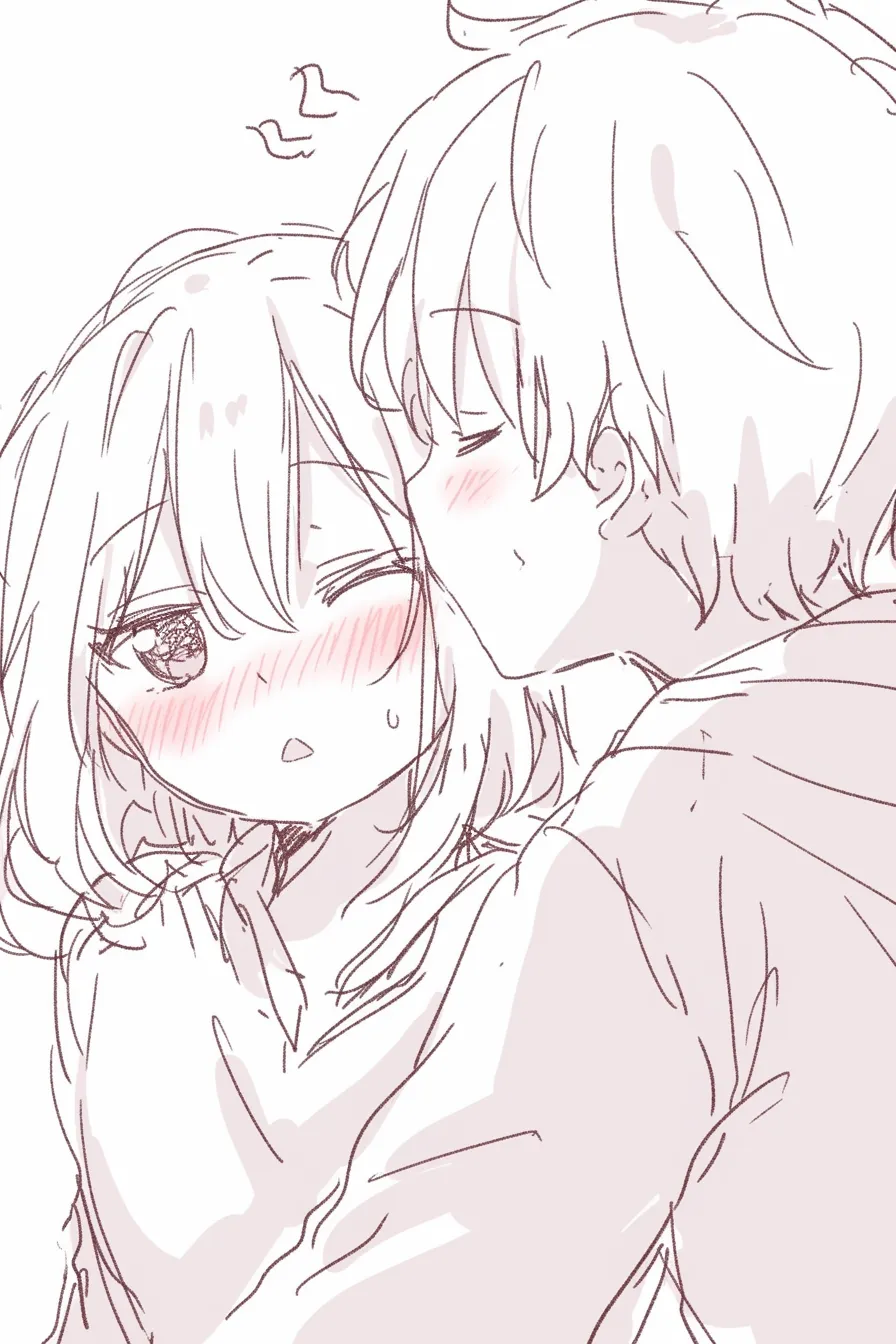 ほっぺにキスの耳元｜【基本構造】男性が女性の頬に口づけし、女性は頬を赤く染めて驚く描き方で、肩越しの構図が特徴です。<br>【演出の方向性】耳元に近い位置へのキスが緊張感を高め、甘さとドキドキを同時に伝える演出になっています。<br>