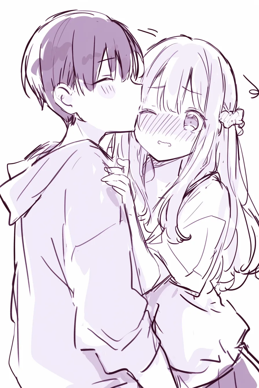 ほっぺにキスのうつむき｜【基本構造】男性が女性の頬にキスし、女性が照れながら見上げる描き方で、身長差を活かした構図です。<br>【演出の方向性】頬の赤みと小さな仕草を強調し、純粋で可愛らしい雰囲気を伝える表現になっています。<br>