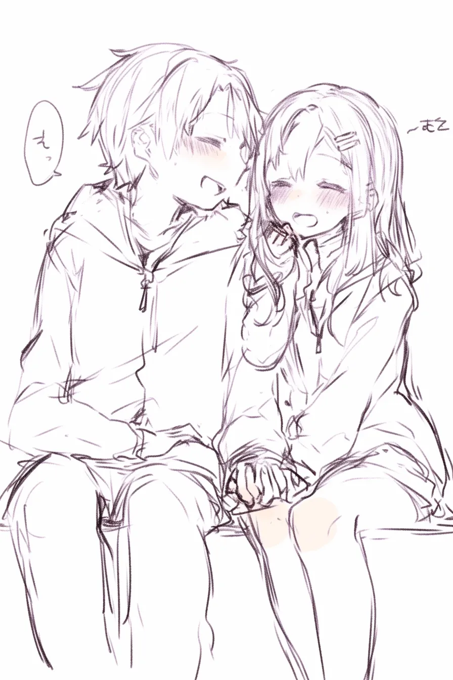 恋人つなぎの照れ笑い｜【基本構造】並んで座り、肩を寄せながら手を繋ぎ合う描き方で、体格や姿勢にリズムを持たせています。<br>【演出の方向性】照れくさそうな笑みと赤ら顔が、恋人つなぎの可愛らしい初々しさを強調し、観る者にも微笑ましさを与えています。<br>
