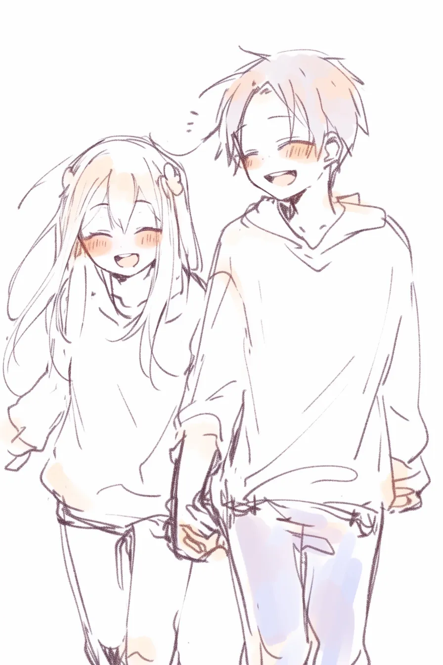 恋人つなぎの並走｜【基本構造】前を向いて歩く二人が軽快に手を繋ぐ描き方で、脚の動きと揃った姿勢が連動感を示しています。<br>【演出の方向性】大きく開いた笑顔と頬の赤みが恋人つなぎに明るい勢いを与え、楽しげな関係性を観る者に鮮やかに伝えています。<br>