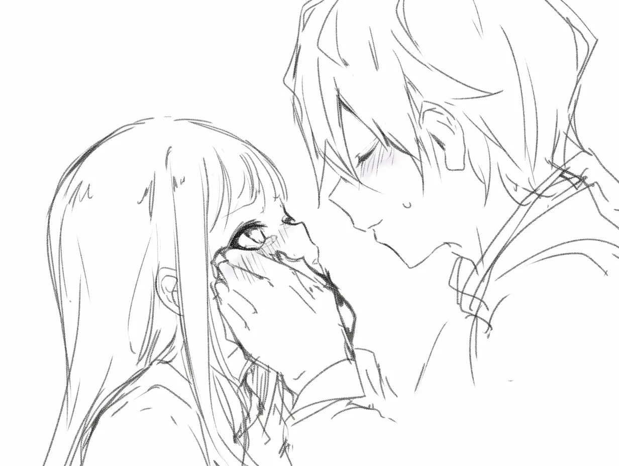 あごクイの包み込み｜【基本構造】顎だけでなく頬まで手で覆う描き方で、正面の距離をぐっと縮めています。<br>【演出の方向性】柔らかい閉じ目と頬の紅潮が相手への安心感を示し、照れと優しさが同時に伝わる温かい雰囲気を作っています。<br>