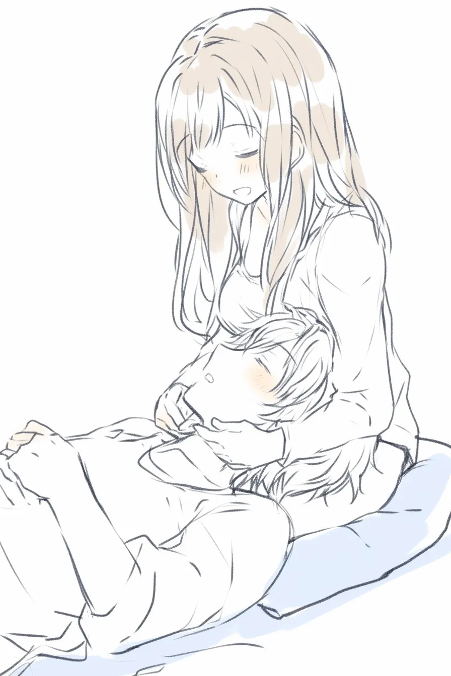 膝枕の微笑み｜【基本構造】女性が座り、男性の頭を膝に乗せる描き方で、片手で髪を撫でる構図になっています。<br>【演出の方向性】柔らかな笑みと頬の赤らみが優しさを示し、安心感と親しみを温かく演出しています。<br>