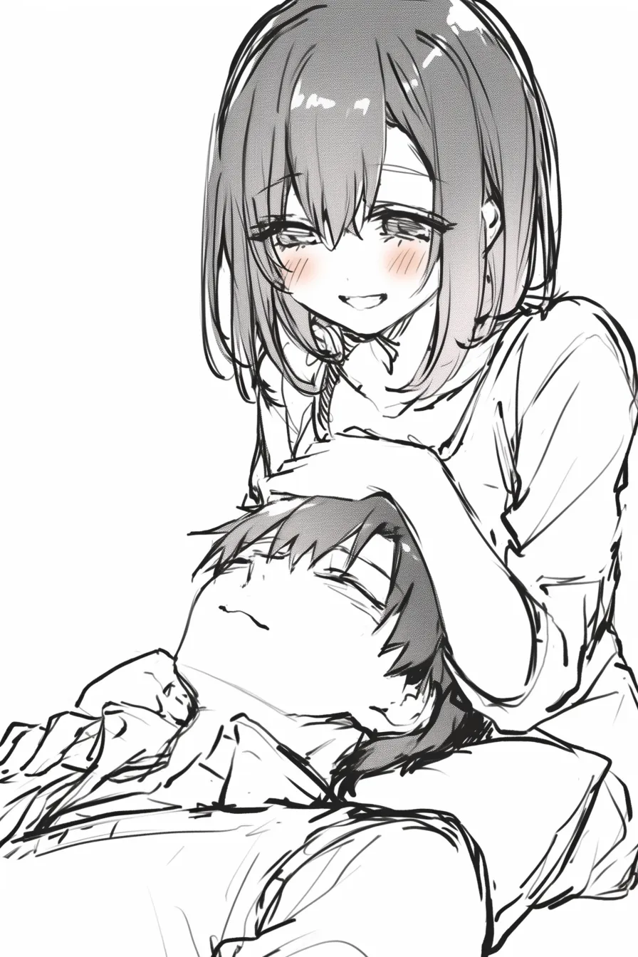膝枕の慈愛｜【基本構造】男性が眠る姿を膝に抱え、両手で頭を支える描き方で、顔を覗き込むポーズです。<br>【演出の方向性】目を細めて微笑む仕草が母性的な包容力を表し、守られている印象を強調しています。<br>