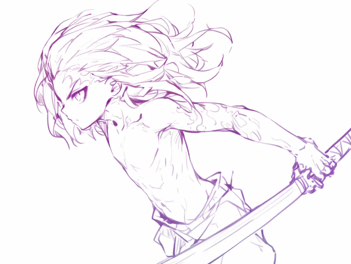 動きのある斬撃準備｜【基本構造】腰を落とし前傾姿勢で刀を両手に握る描き方で、髪の流れを後方へ大きく散らしスピード感を強調しています。<br>【演出の方向性】鋭い視線と筋肉の緊張感を前面に出し、攻撃直前の迫力と集中力を強調しています。<br>