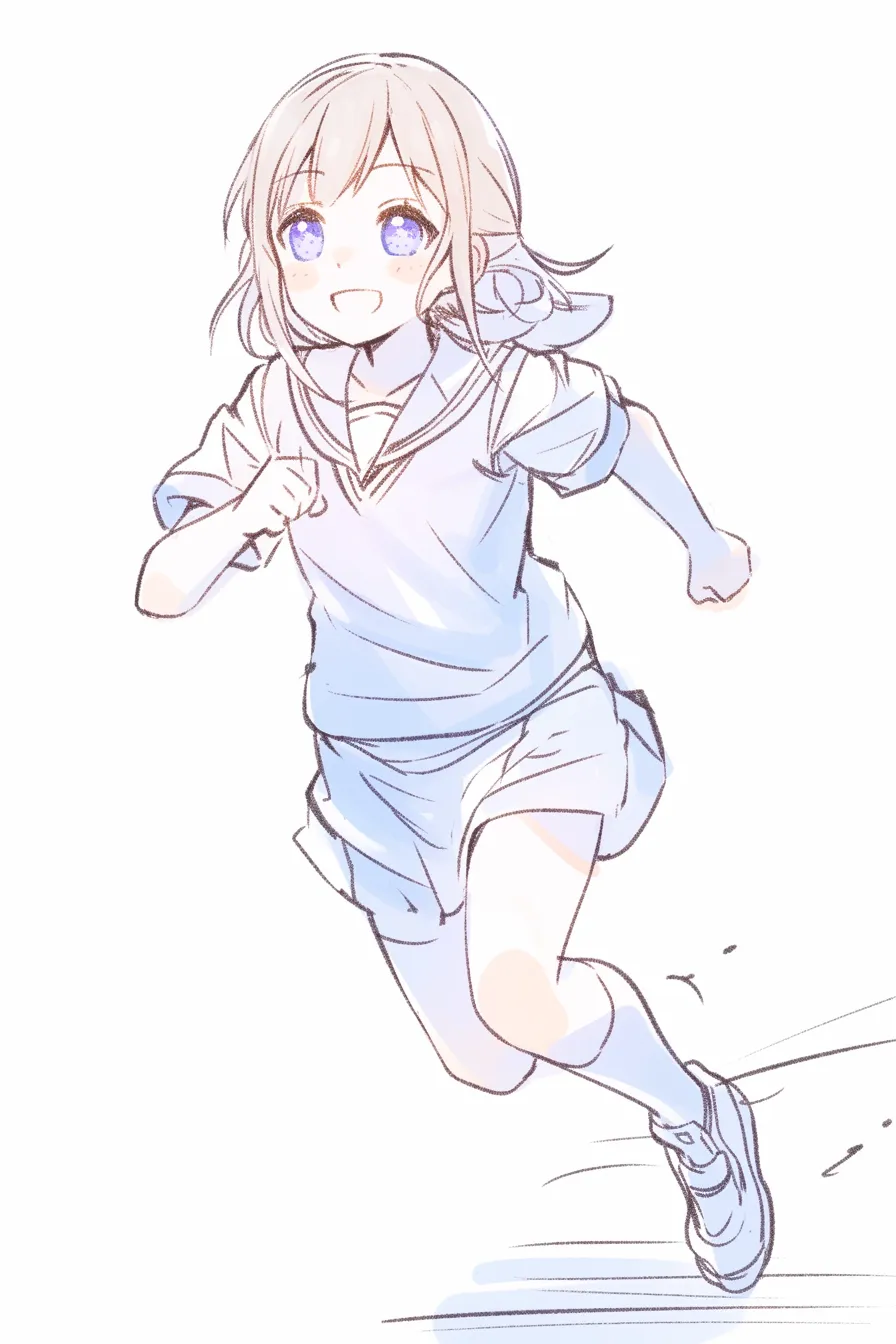 走るの楽しさ｜【基本構造】正面から笑顔で走る描き方により、顔の明るさと体の開放感を両立させています。脚はやや大きく広げて動きを強調しています。<br>【演出の方向性】笑顔と揺れる髪が相まって「走る楽しさ」を表現しています。爽やかでポジティブなエネルギーを伝える描写です。<br>