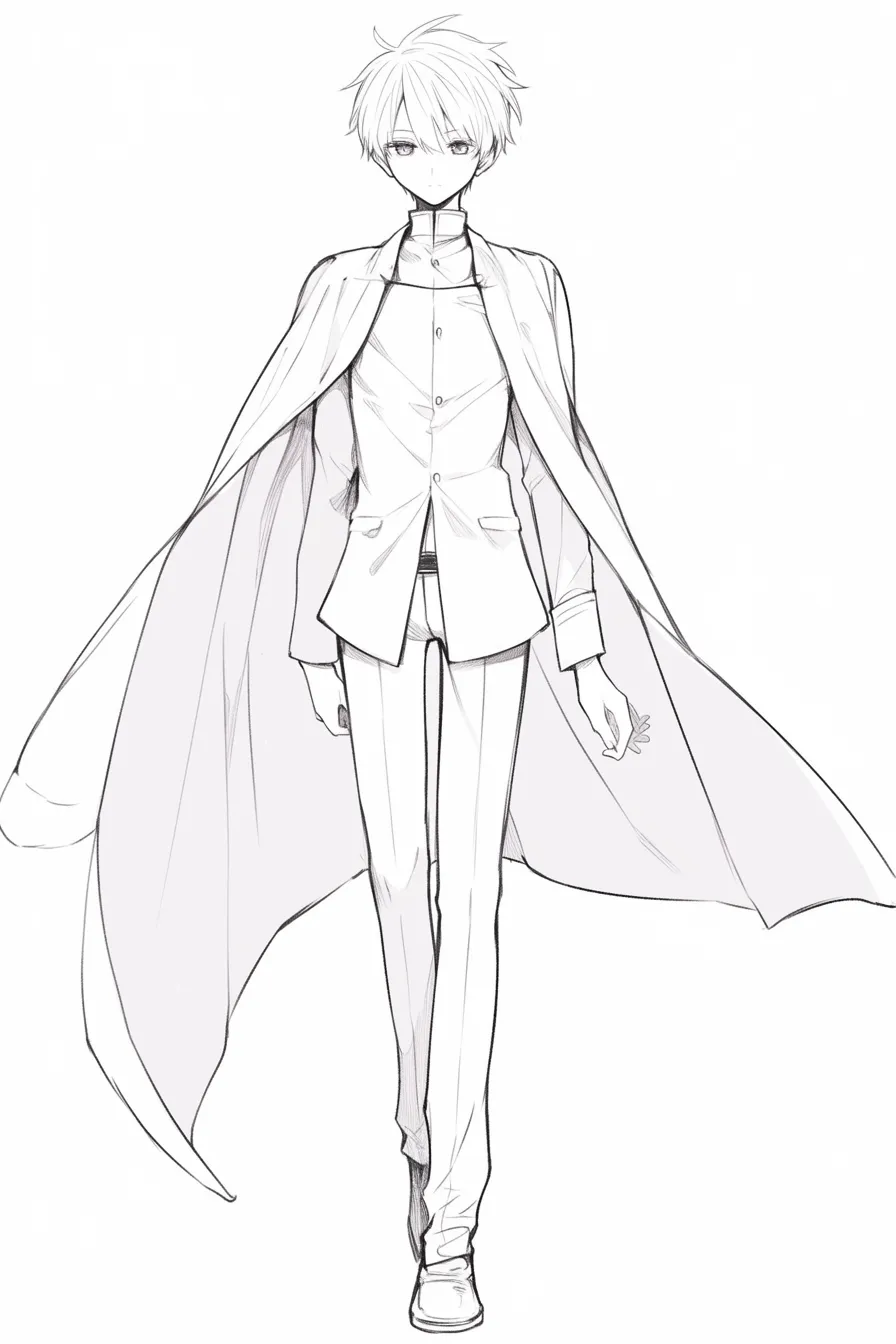 立ち絵の男（マントを羽織った制服姿）｜【基本構造】直立した骨格を中心に、肩から広がるマントを描き方の軸に据えています。顔は正面に配置し、髪型は短く整ったシルエットです。<br>【演出の方向性】裾が広がるマントと均整のとれた立ち姿が荘厳さを演出し、視線の正面性が威厳や冷静さを強調しています。<br>