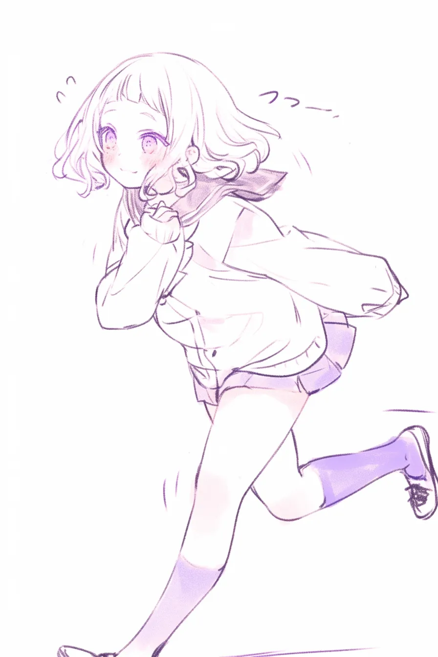 かわいい走るの笑顔｜【基本構造】腕を胸元にまとめる描き方で、身体全体を小さく見せつつ走る姿を構築しています。軽く跳ねる足取りが特徴です。<br>【演出の方向性】頬を赤らめた笑顔で楽しさを表現し、柔らかな髪の動きと相まって「愛らしさ」を前面に押し出しています。<br>
