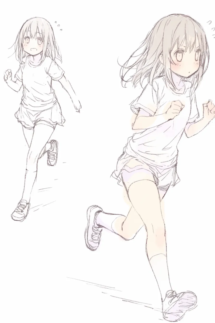 かわいい走るの二人構図｜【基本構造】二人分の走りを対比させる描き方で、奥行きと動きのリズムを強調しています。片方は前傾、もう片方は軽く跳ねる姿で差を出しています。<br>【演出の方向性】焦り気味の表情と真剣な眼差しを組み合わせ、同じ「走る」でも可愛い中に必死さを加えています。シチュエーション的な幅を感じさせる演出です。<br>