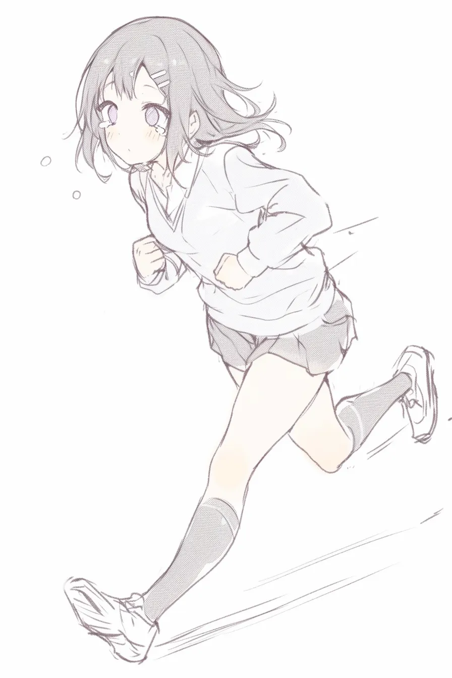 かわいい走るの小走り｜【基本構造】腕を小さく振り、足を細かく動かす描き方で小走り感を演出しています。全体を低めの重心に収めています。<br>【演出の方向性】ぷっくりした頬と軽く開いた口元で、疲れよりも健気さを強調しています。ちょこちょこと走る様子が愛嬌を生み出しています。<br>